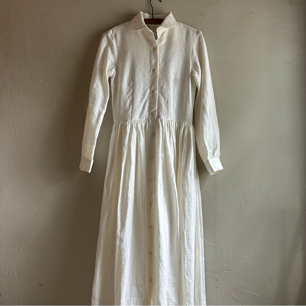 White linen dress- full length, long sleeve button up